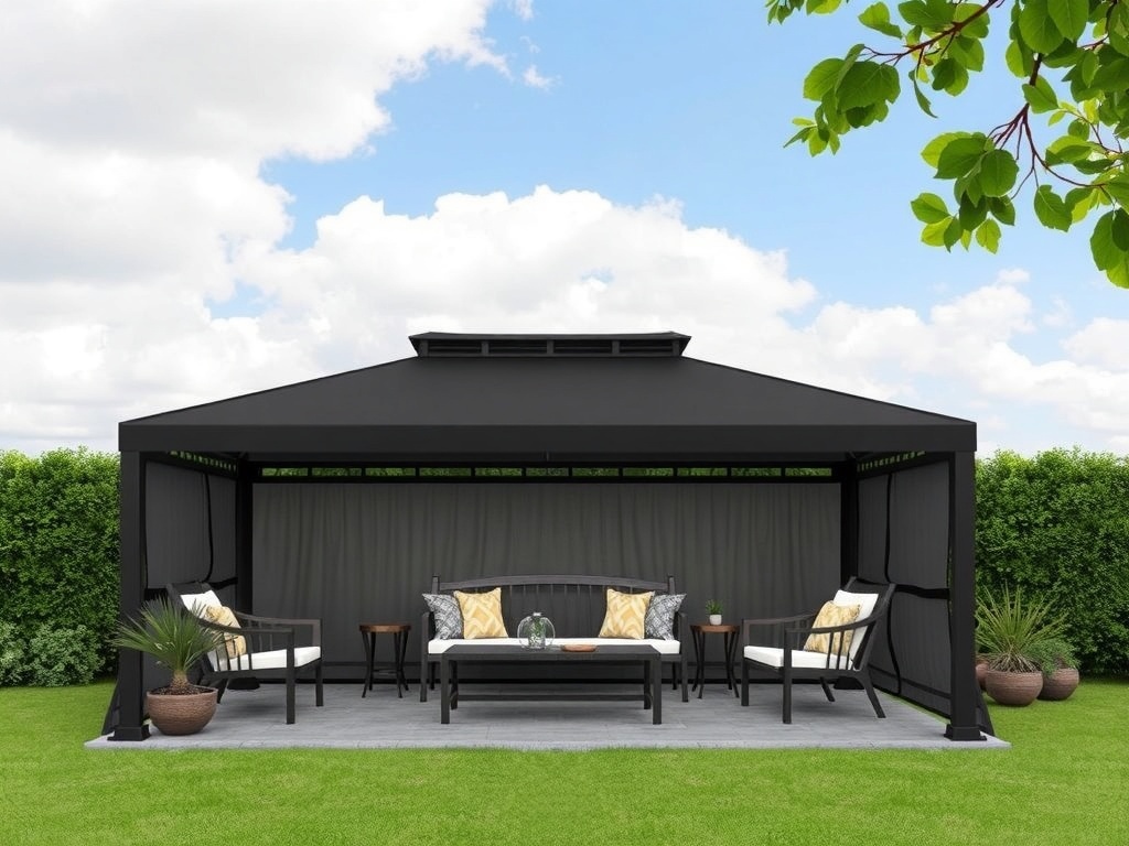 Black and grey gazebo in a grassy area with a simple layout.