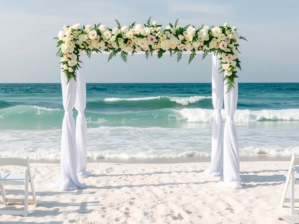 A wedding arch decorated with flowers on a beach with the ocean in the background.