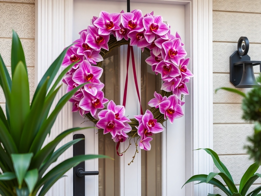 A vibrant pink orchid wreath hanging on a door, surrounded by green plants.