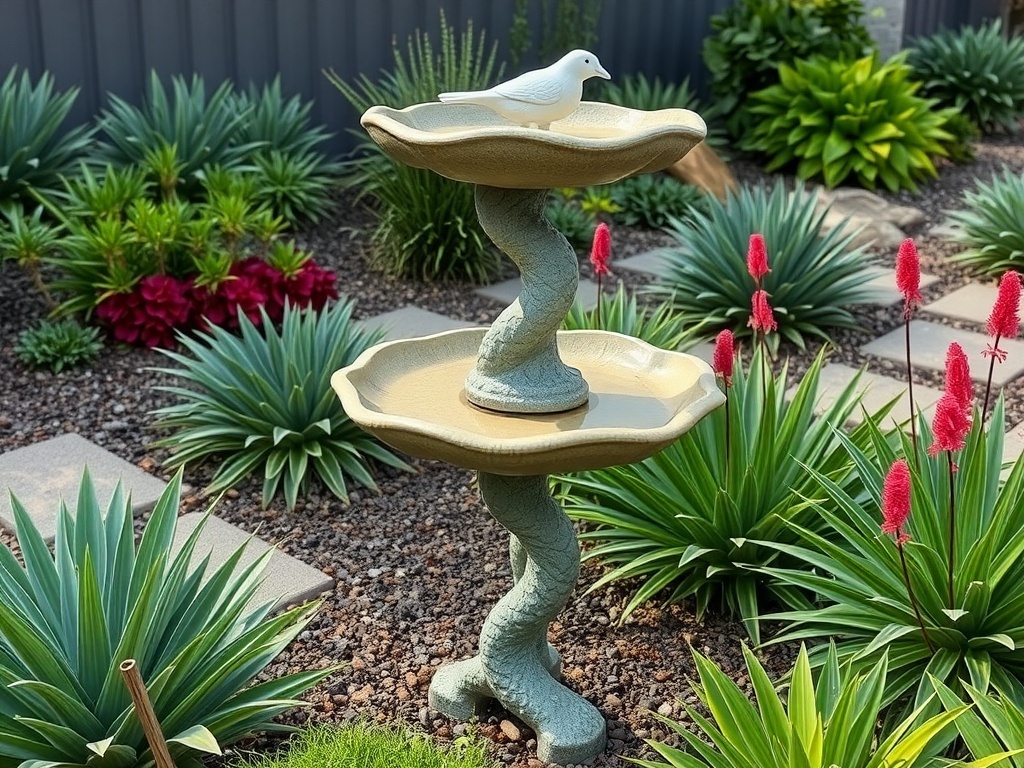 A modern sculptural bird bath surrounded by vibrant plants.