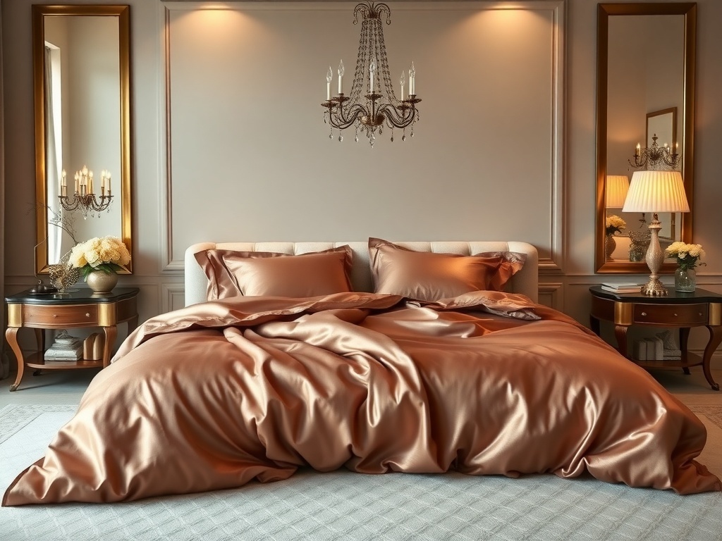 Luxurious silk bedding in a master bedroom with elegant decor.