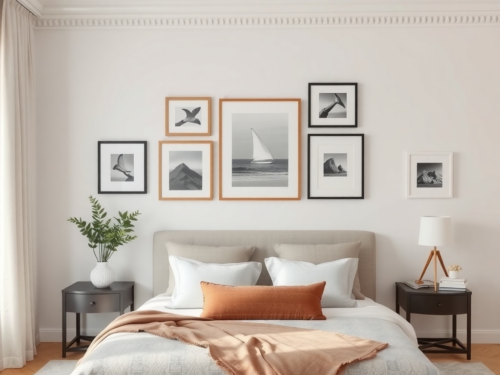 A stylish master bedroom with a gallery wall of framed black and white art, a cozy bed, and decorative plants.