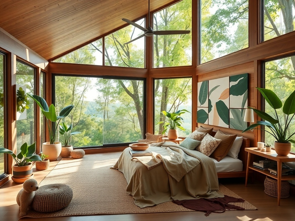 A serene master bedroom with large windows, plants, and natural wood elements.