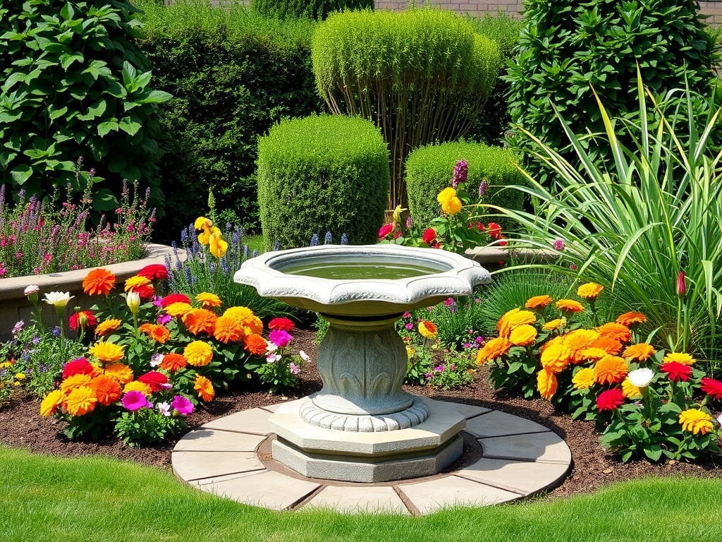 A stone bird bath surrounded by colorful flowers and lush greenery.