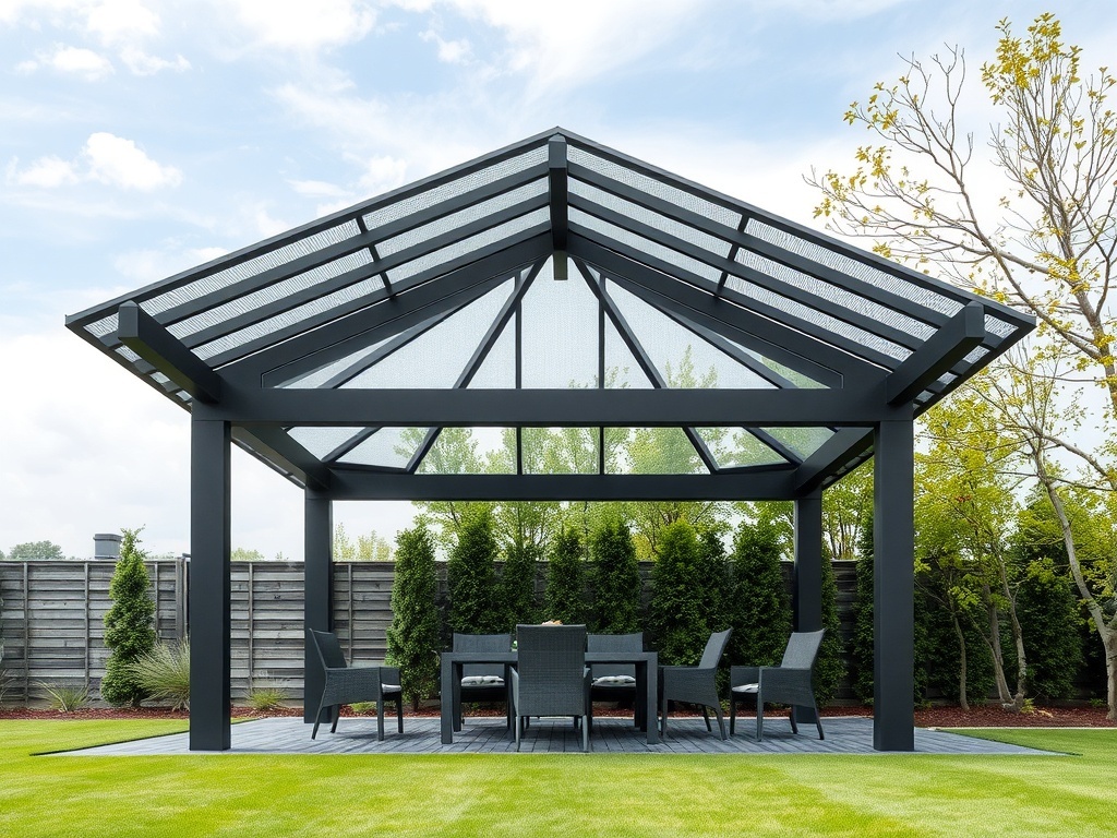 A modern black and grey gazebo with an innovative roof design.