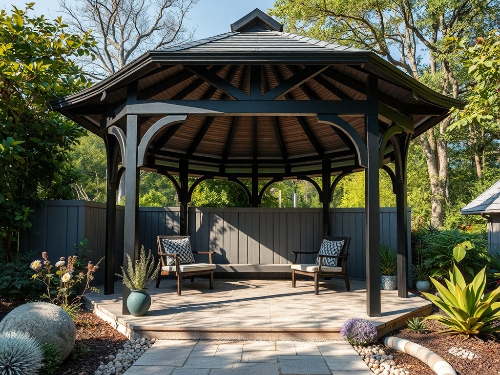 A modern black and grey gazebo surrounded by greenery.
