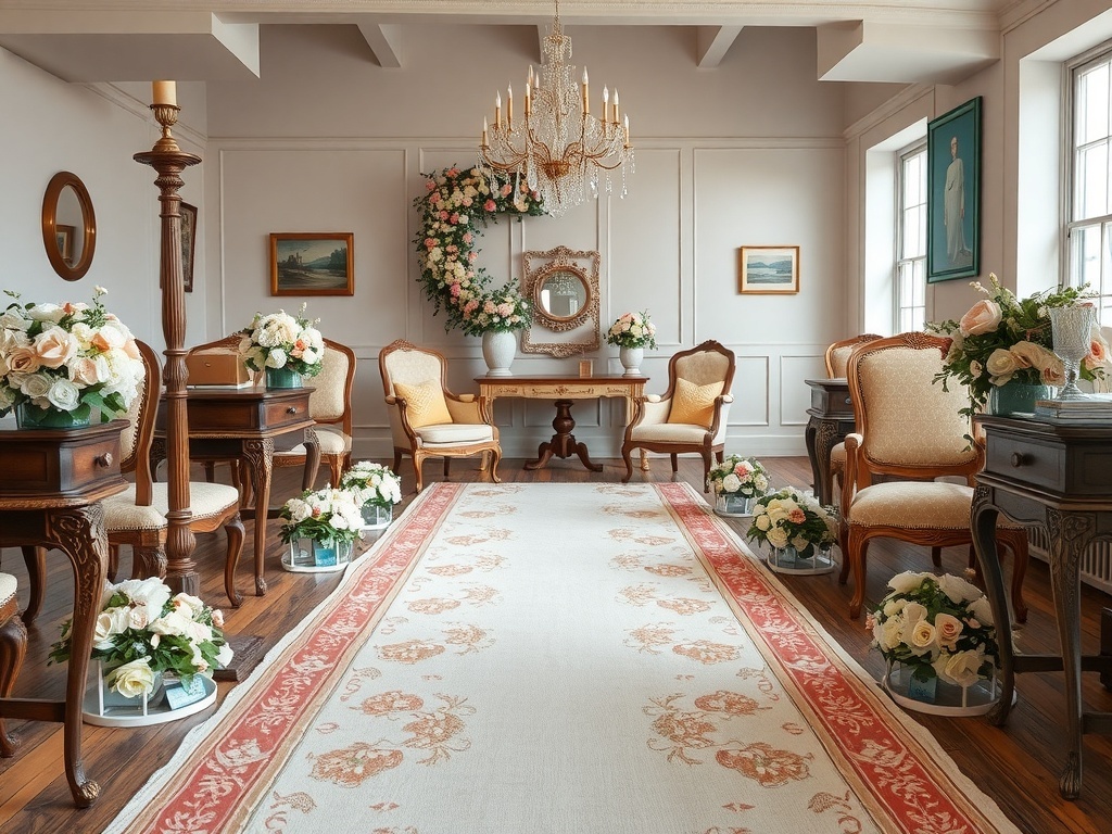 A vintage-themed room with elegant furniture, soft pastel colors, and charming decor.