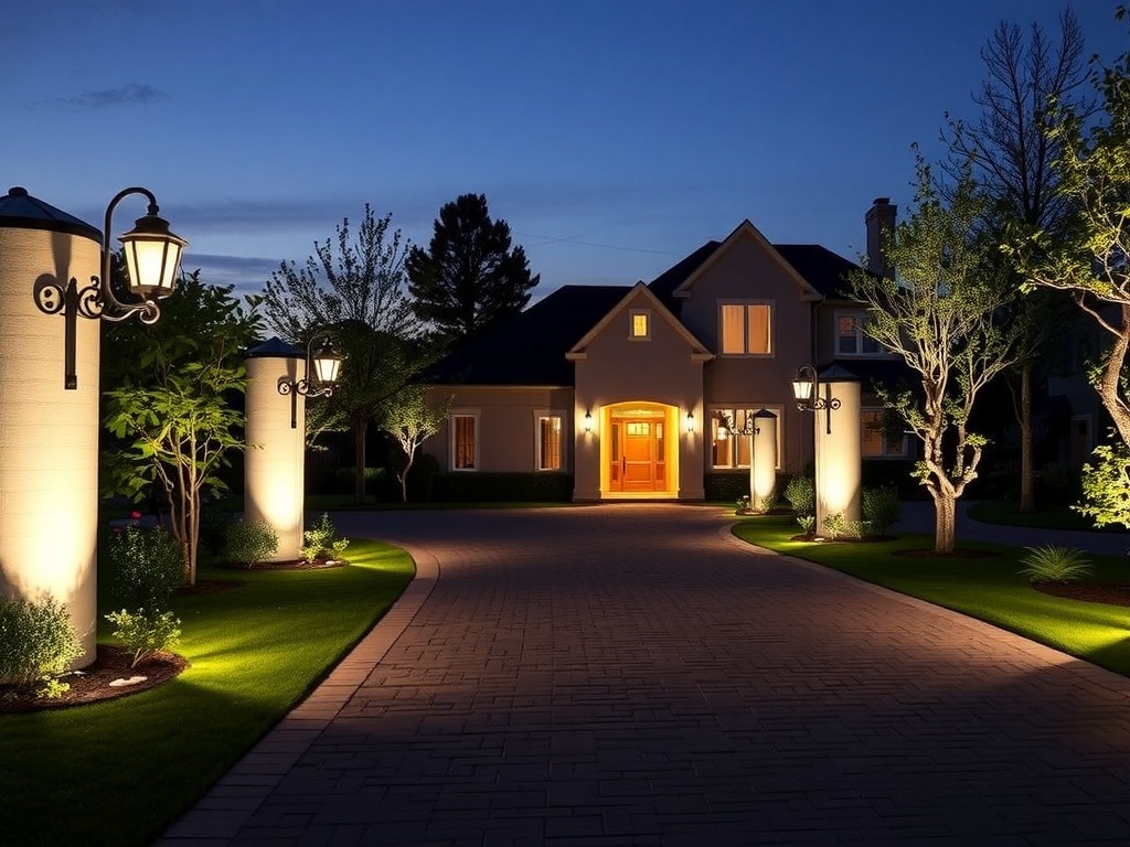 A beautifully lit driveway with lanterns and soft illumination at night.