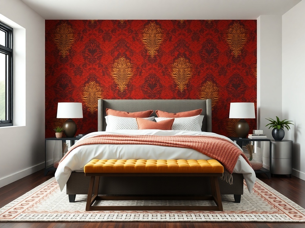 A stylish master bedroom featuring a bold red and gold accent wall, a cozy bed with decorative pillows, and modern furniture.