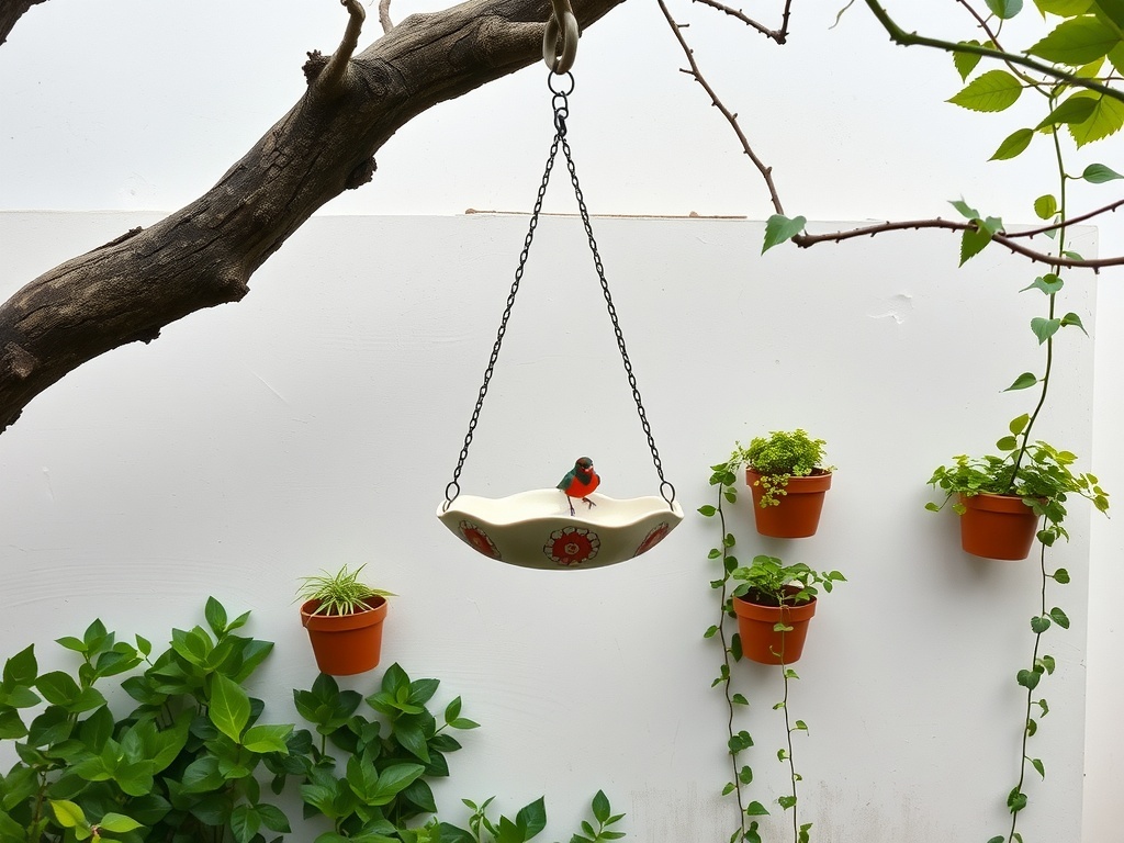 A hanging bird bath with a bird perched on it, surrounded by potted plants on a wall.