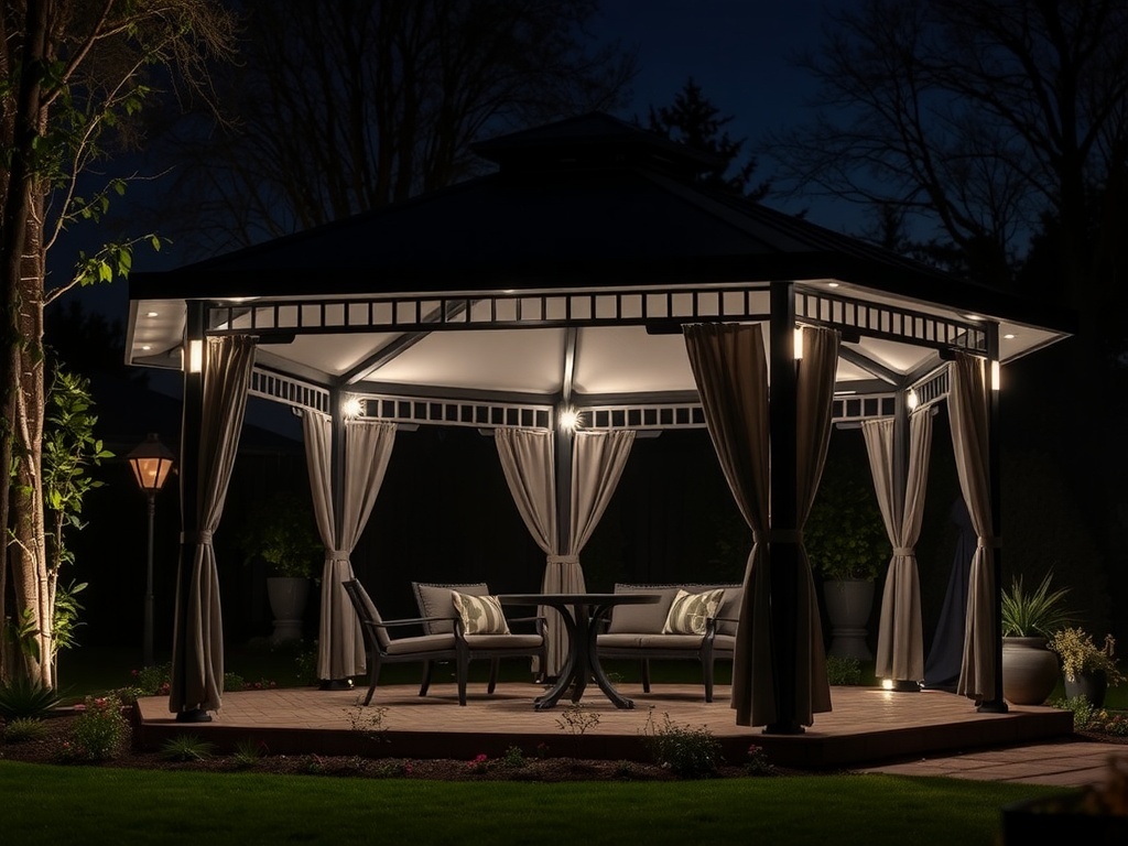 A black and grey gazebo illuminated at night with integrated lighting.