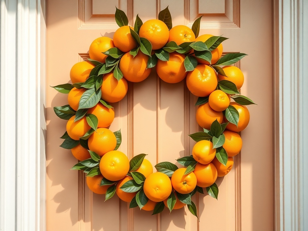A vibrant citrus wreath made of oranges and green leaves on a door.
