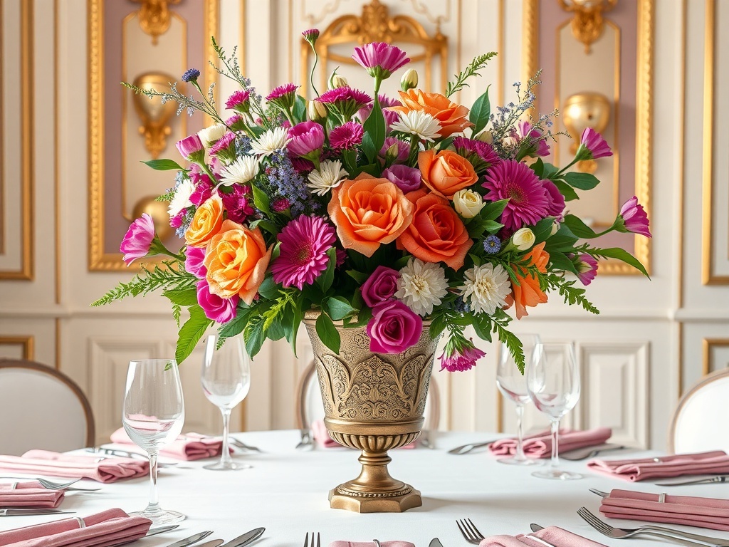 A lavish floral arrangement featuring colorful roses and daisies in an ornate vase on a dining table.