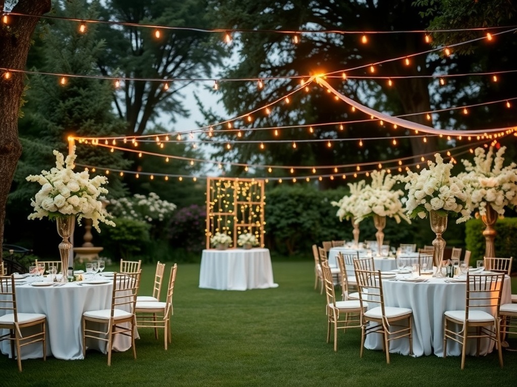 A beautifully decorated garden wedding setup with tables, floral arrangements, and string lights.