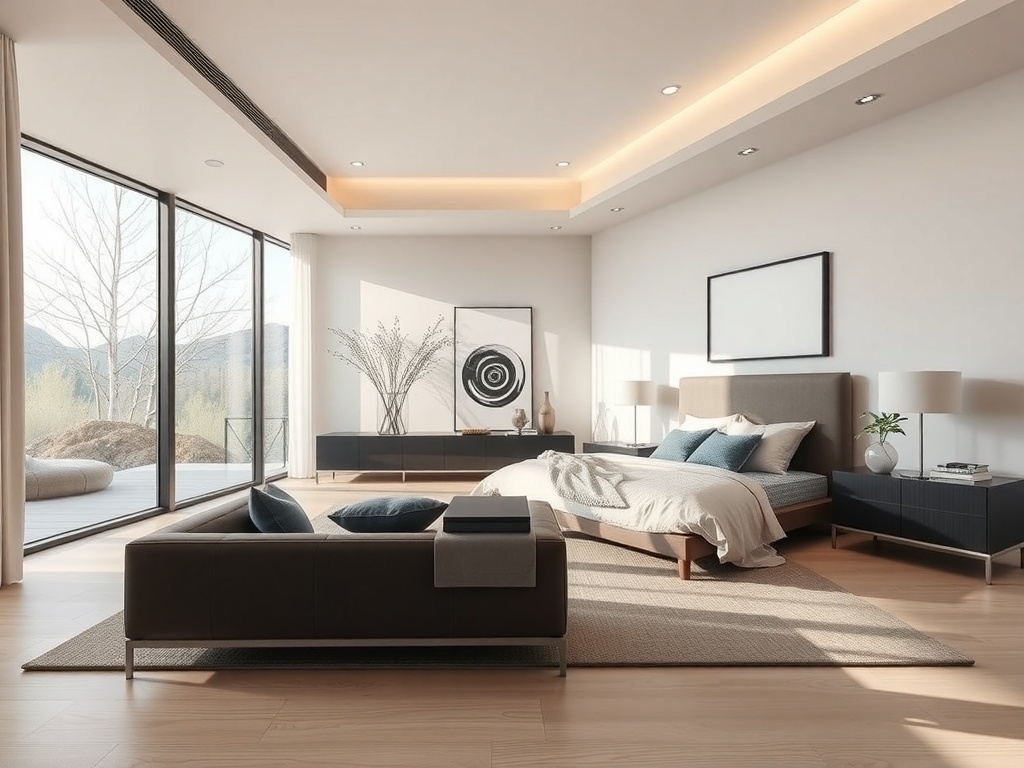 A modern minimalistic master bedroom featuring large windows, a neutral color palette, and simple decor.