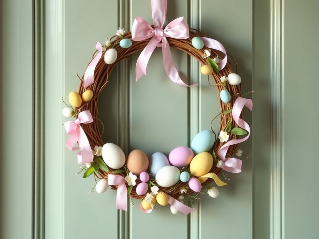 A wreath made of pastel colored eggs and ribbons hanging on a door.
