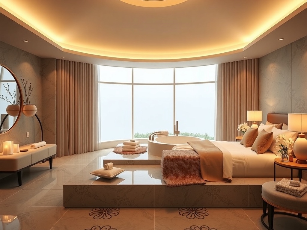 A serene master bedroom featuring a freestanding bathtub, soft lighting, and calming decor.