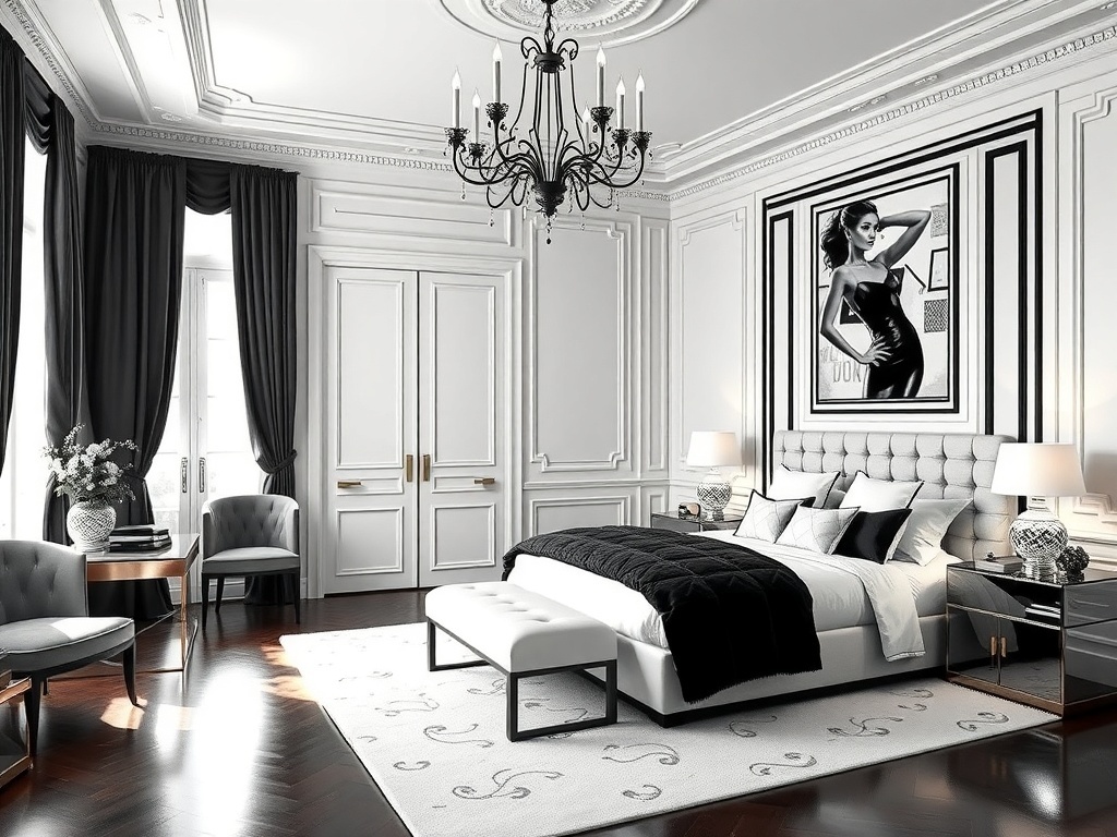 A luxurious master bedroom featuring a chic monochrome palette with black, white, and gray tones.