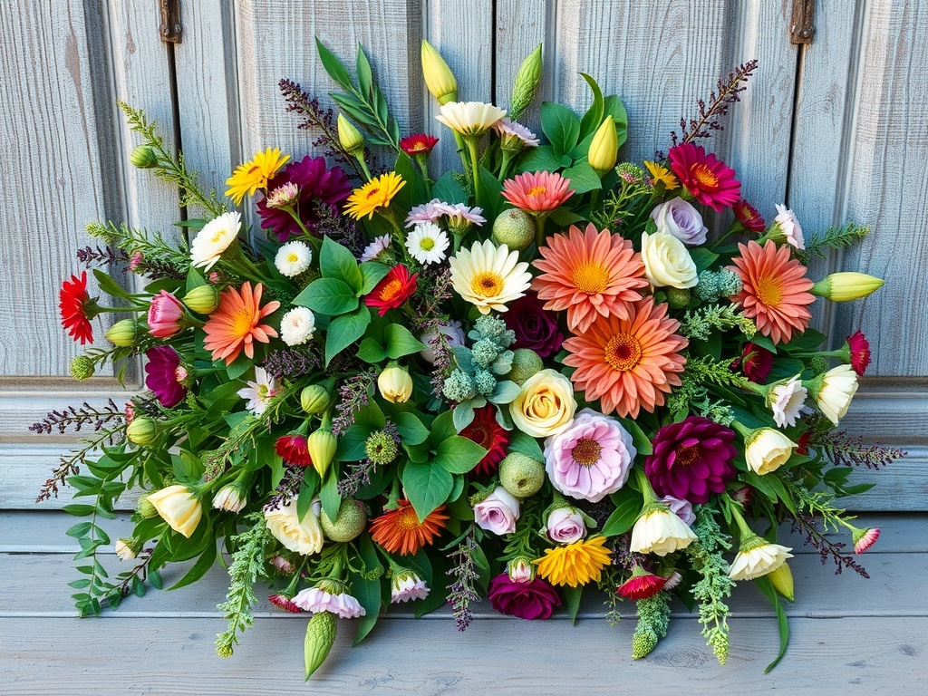 A vibrant floral arrangement featuring various flowers and greens.