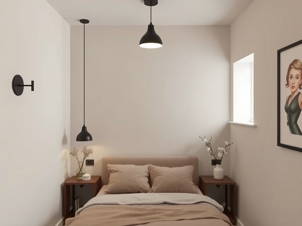 A minimalistic bedroom featuring pendant and wall lighting fixtures.