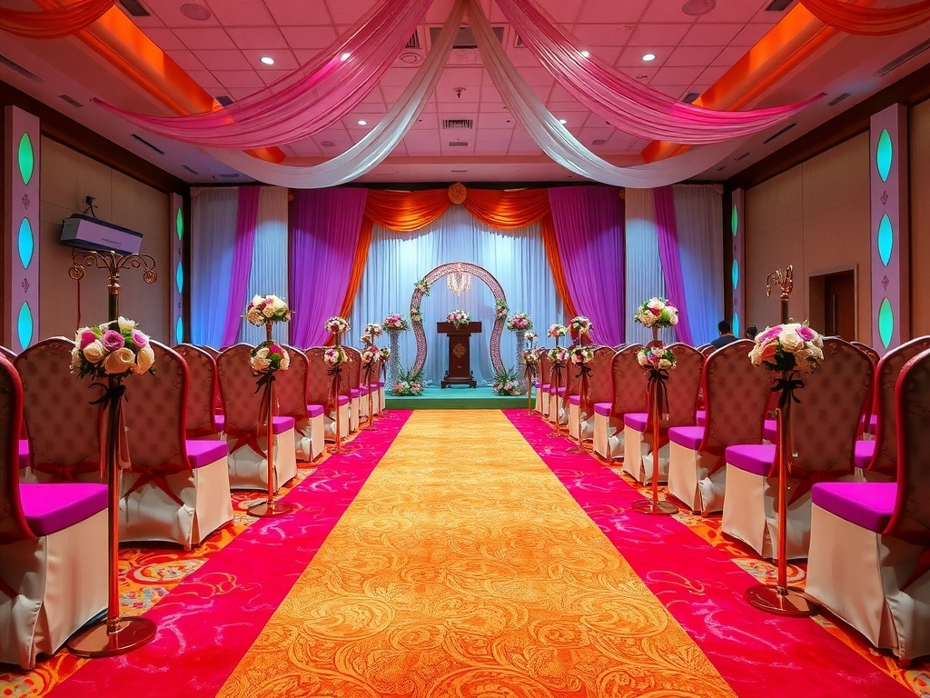 A vibrant cultural fusion wedding ceremony with diverse attire and decorations.