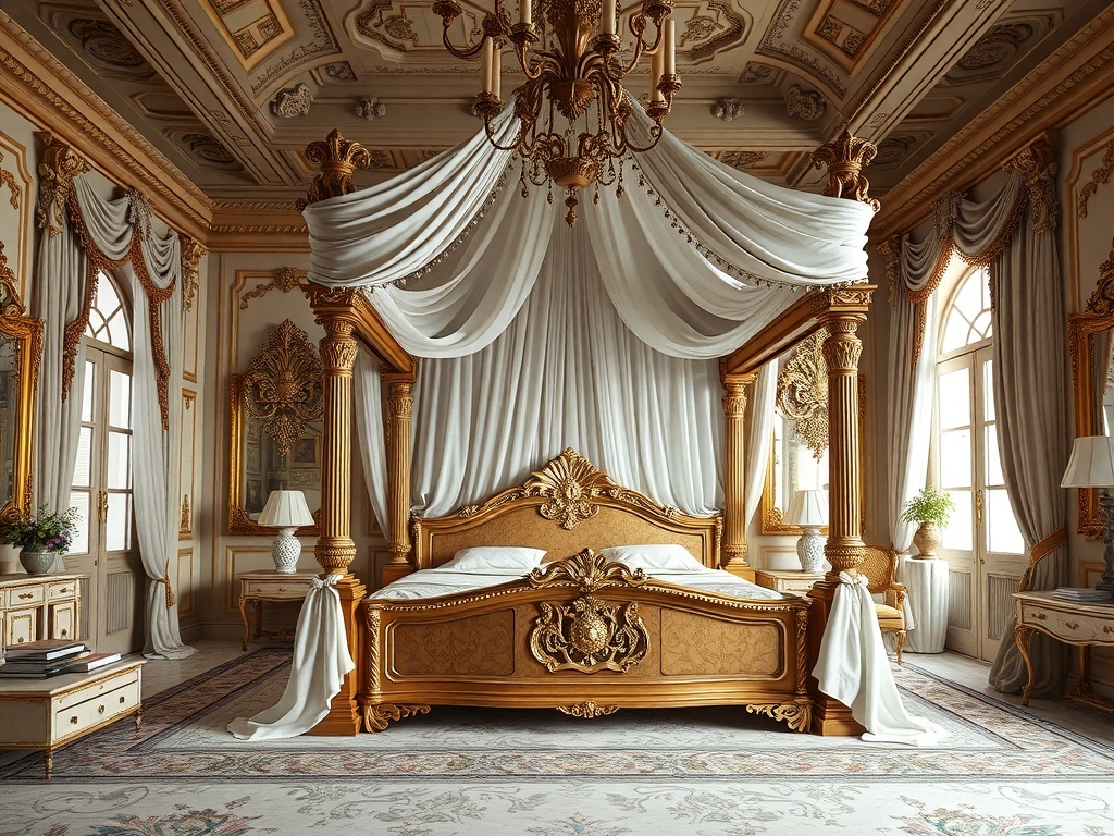 A luxurious master bedroom featuring a grand canopy bed with ornate details and elegant drapery.