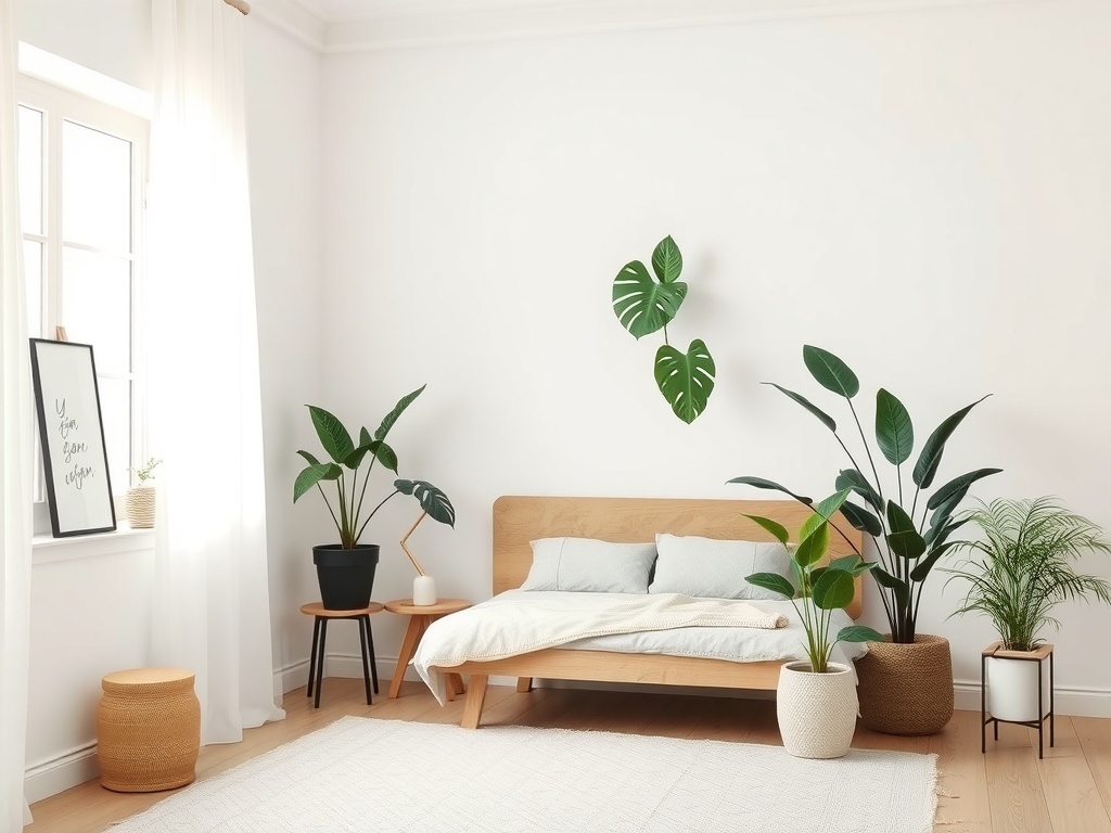 Minimalistic greige small space bedroom with indoor plants.