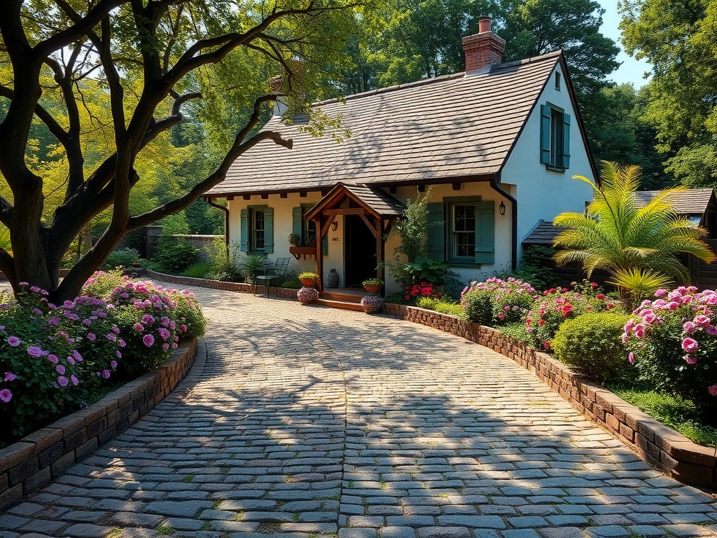 A beautiful rustic cobblestone driveway leading to a charming house surrounded by greenery and flowers.