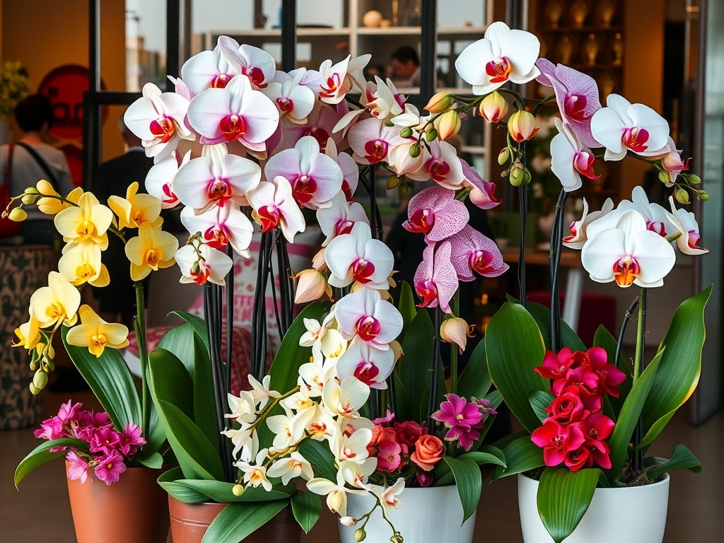 A variety of colorful orchid floral arrangements in pots.