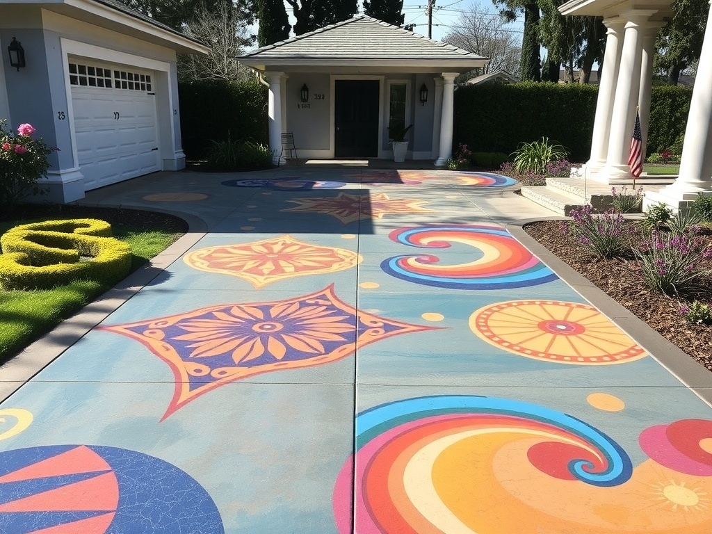 Colorful concrete overlay design on a driveway with patterns and swirls.