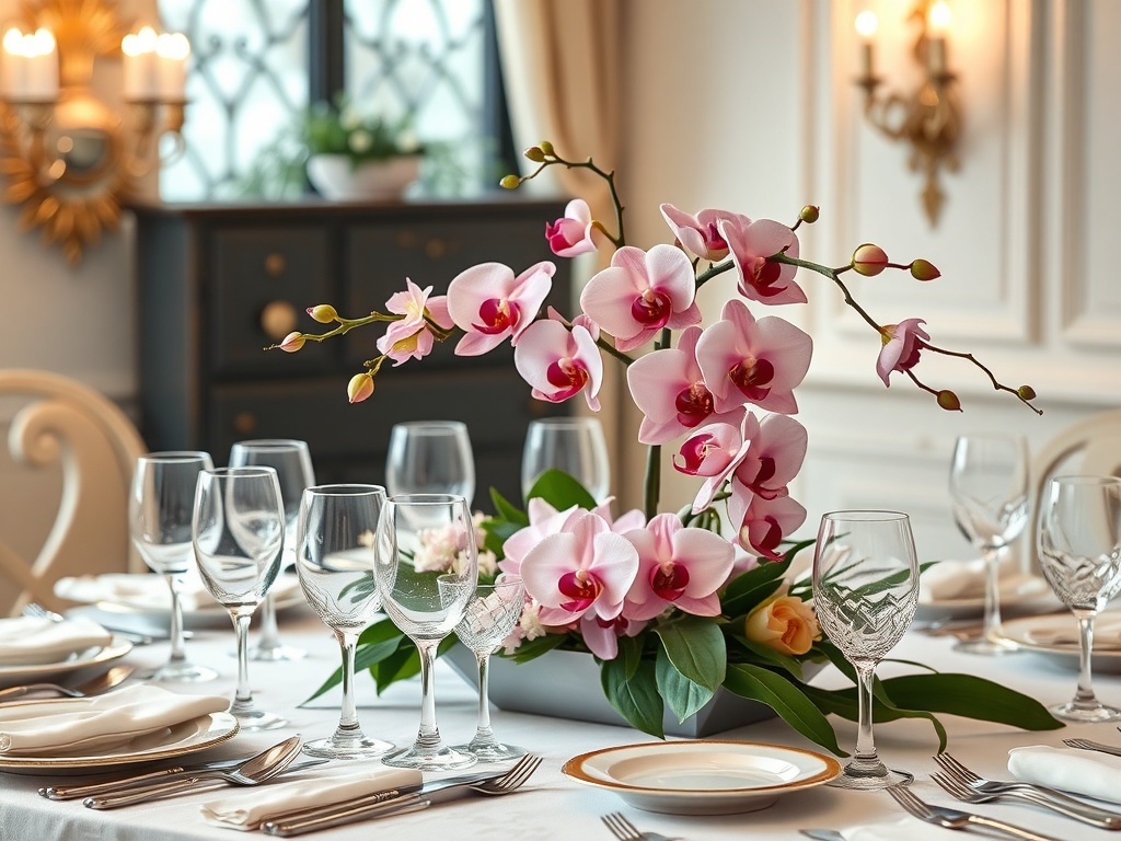 A beautifully arranged table featuring orchid floral centerpiece with elegant glassware.