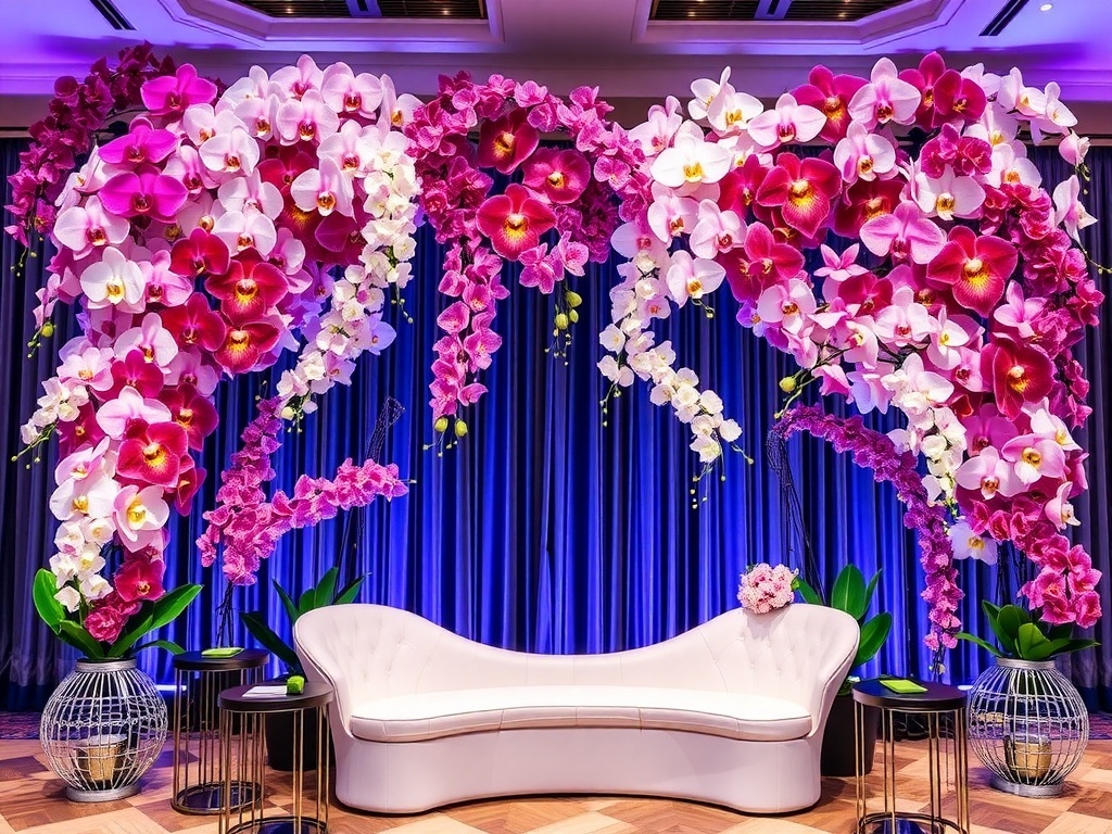 Colorful orchid floral arrangement with large letters in front.