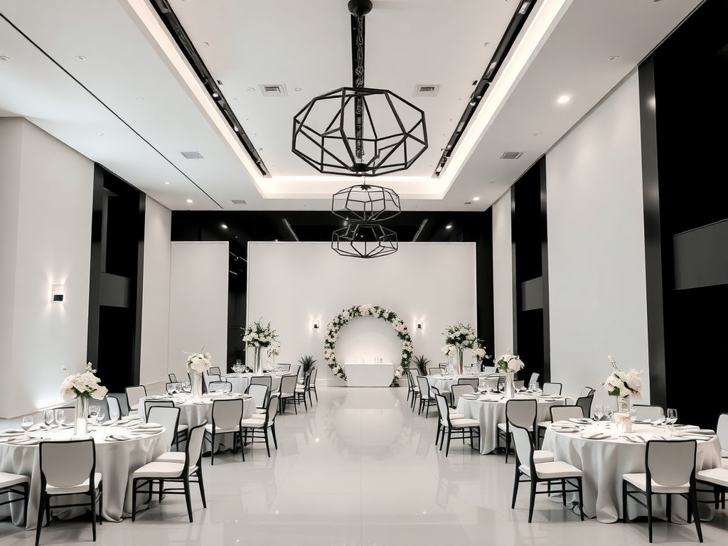 A modern minimalist wedding setup with elegant tables and simple decor.