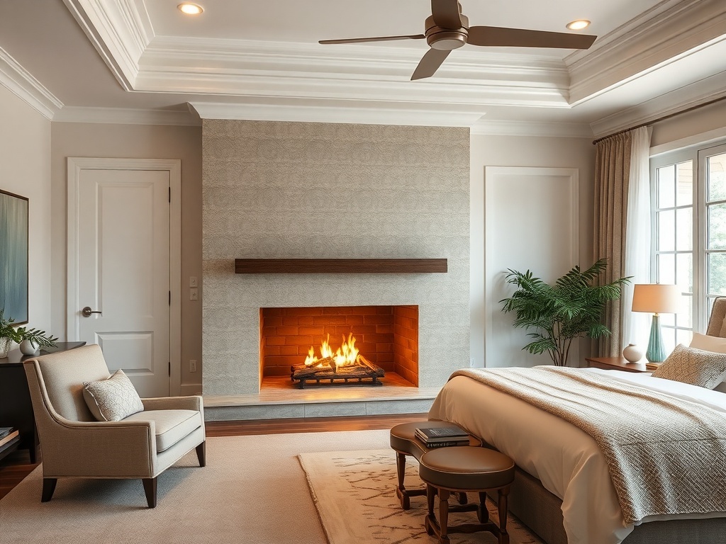 A luxurious master bedroom featuring a cozy fireplace, comfortable seating, and elegant decor.