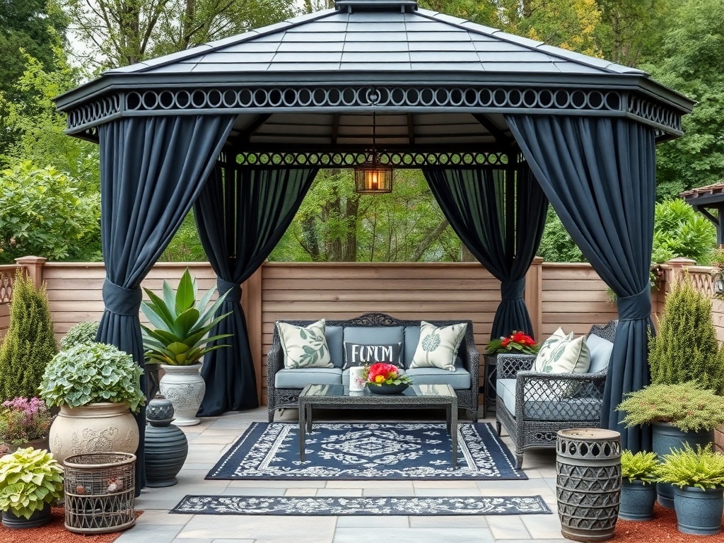 A modern black and grey gazebo with comfortable seating and decorative accessories.