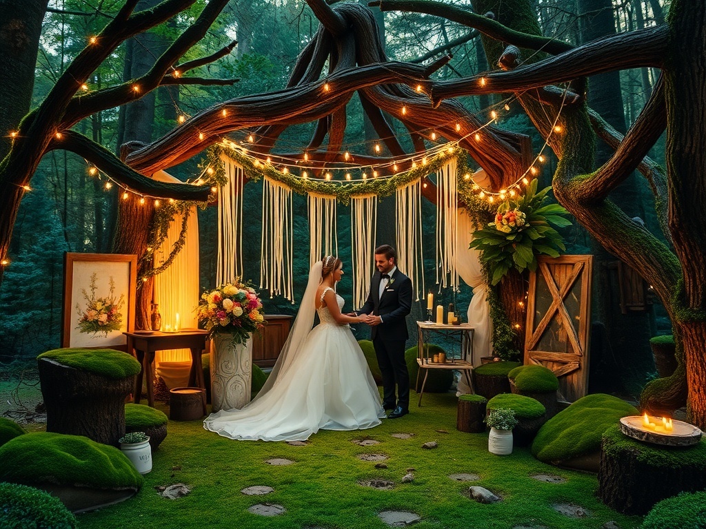 A couple exchanging vows in a whimsical woodland setting with fairy lights and rustic decor.