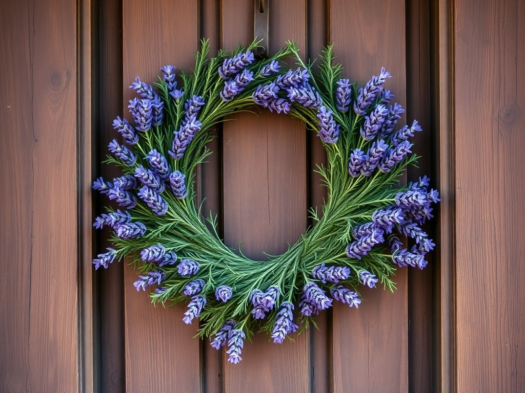 A lavender and rosemary herb wreath hanging on a wooden door.