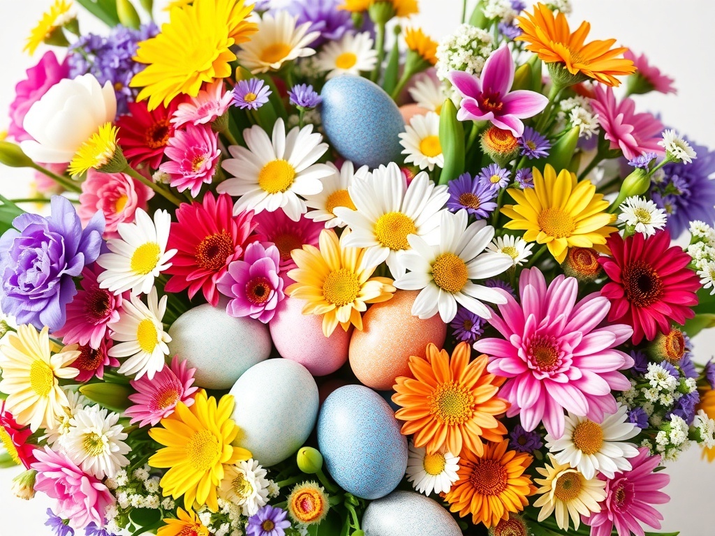 A vibrant mixed bouquet featuring colorful flowers and Easter eggs.