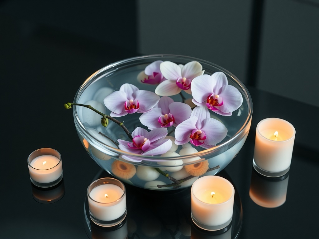 A serene floating orchid arrangement in a clear bowl with candles around it.