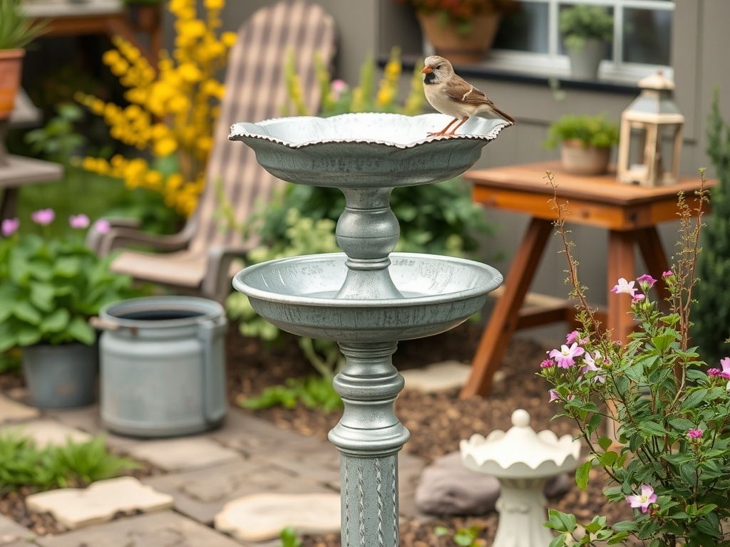 A rustic farmhouse style bird bath surrounded by colorful flowers and plants.