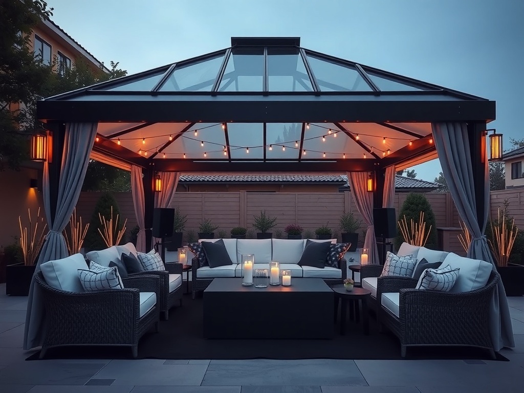 A stylish black and grey gazebo with comfortable seating and warm lighting, ideal for outdoor entertaining.