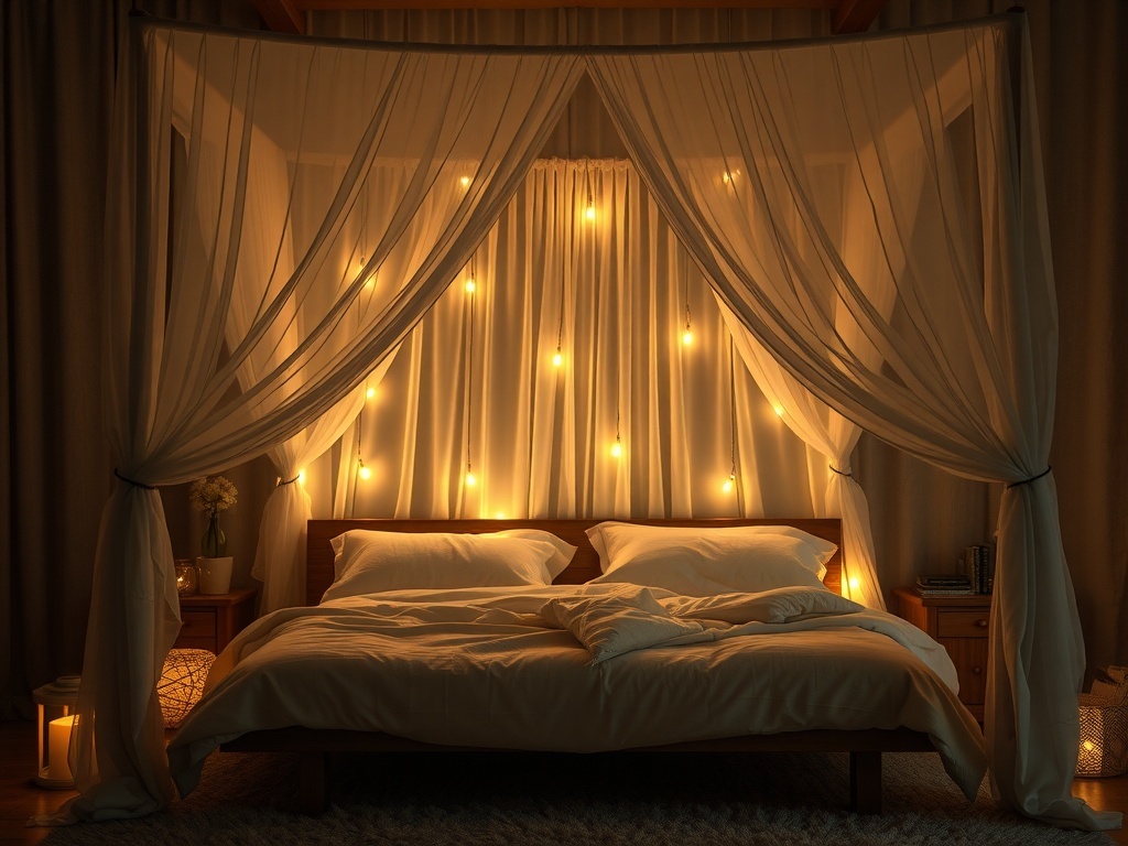 A cozy master bedroom featuring a chic canopy bed with soft drapes and warm lighting.