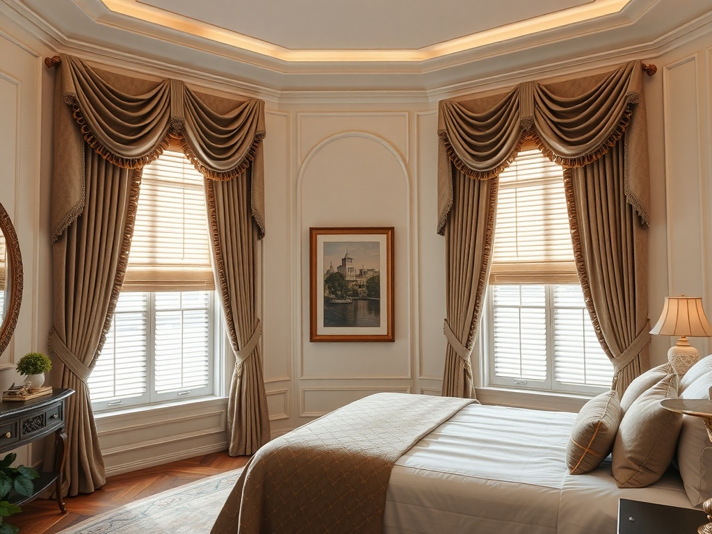 Luxurious master bedroom with elegant window treatments and warm lighting.