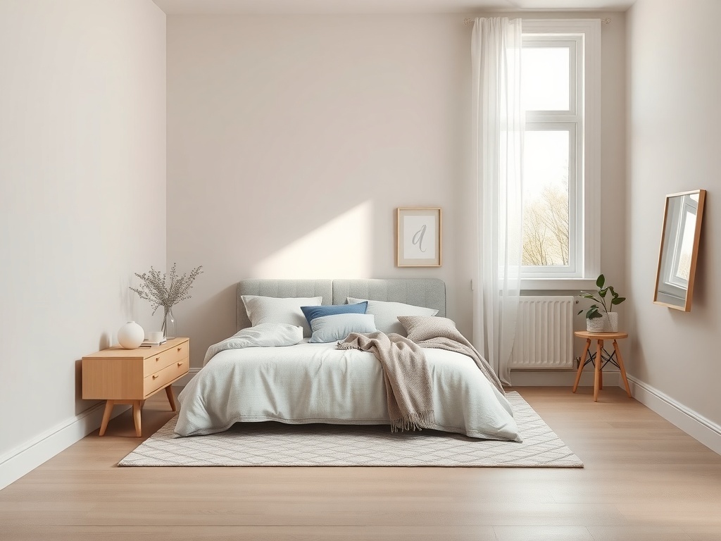 Minimalistic greige small space bedroom design with soft tones and natural light.