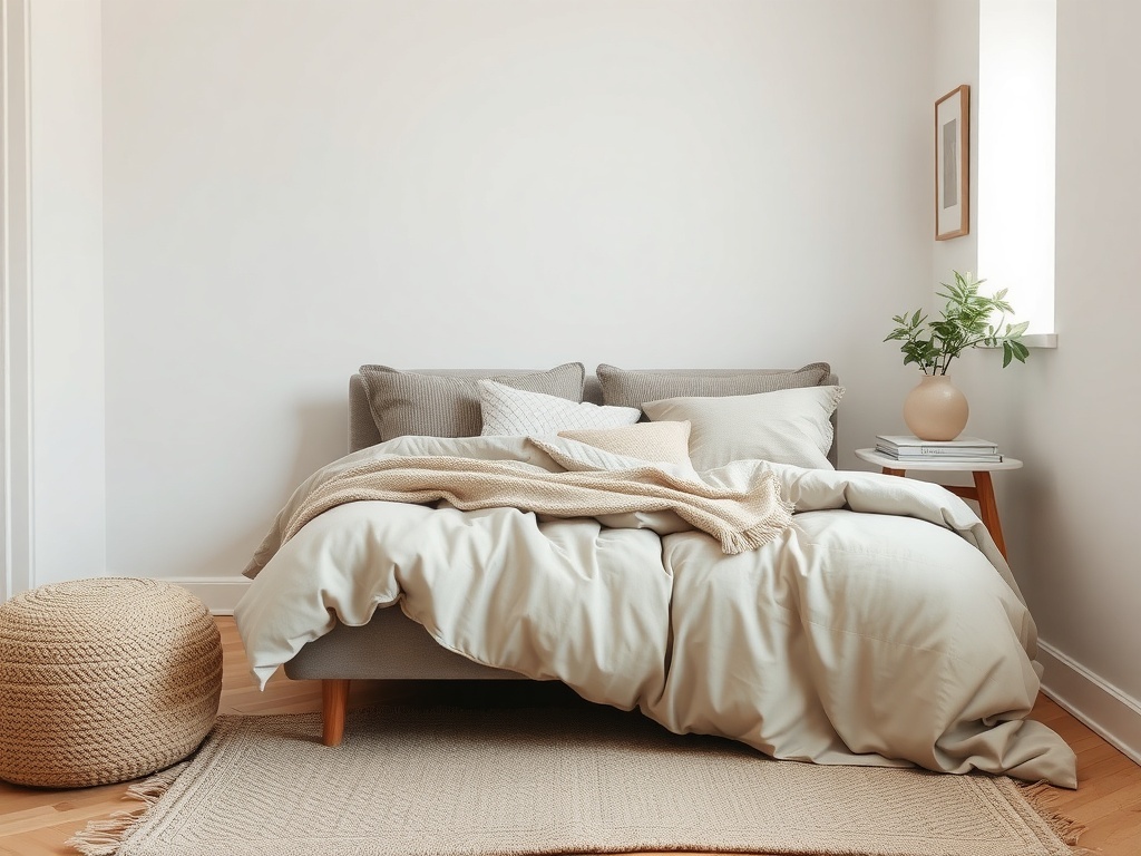 A minimalistic small space bedroom featuring layered textures with a cozy bed, soft blankets, and a woven rug.