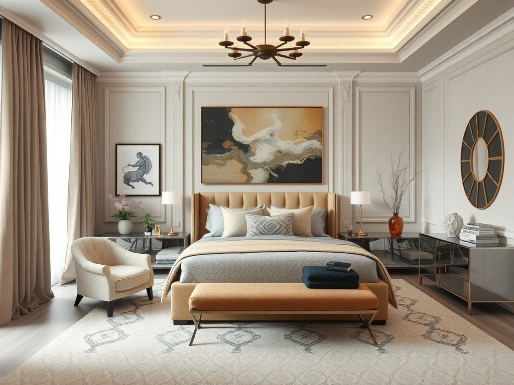 A luxurious master bedroom featuring elegant decor and personalized touches.