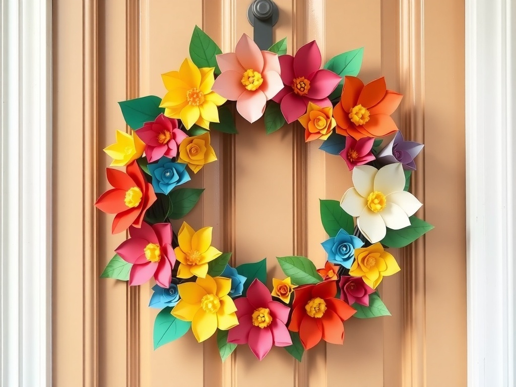 Colorful paper flower wreath on a door