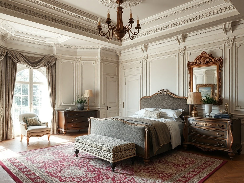 A luxurious master bedroom featuring classic decor with ornate details.
