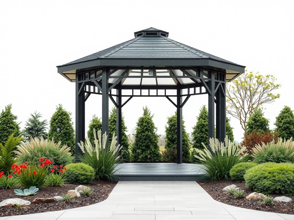 A sleek black and grey gazebo surrounded by vibrant plants and flowers.
