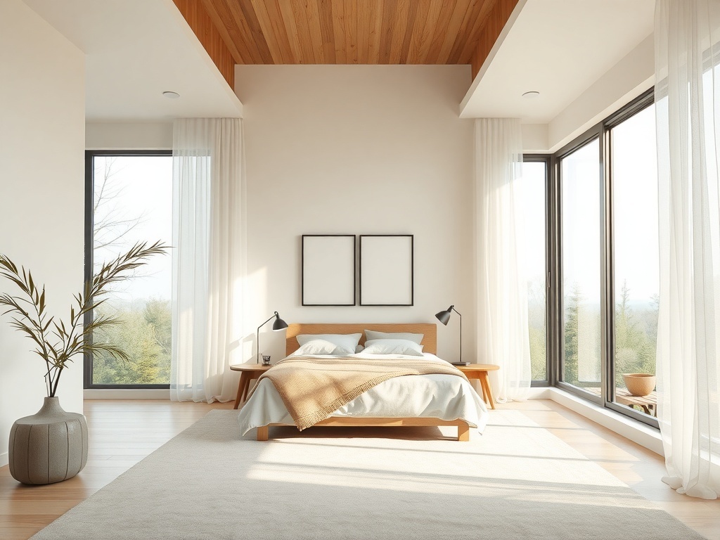 A minimalistic small bedroom with large windows allowing natural light, featuring a wooden bed and light decor.